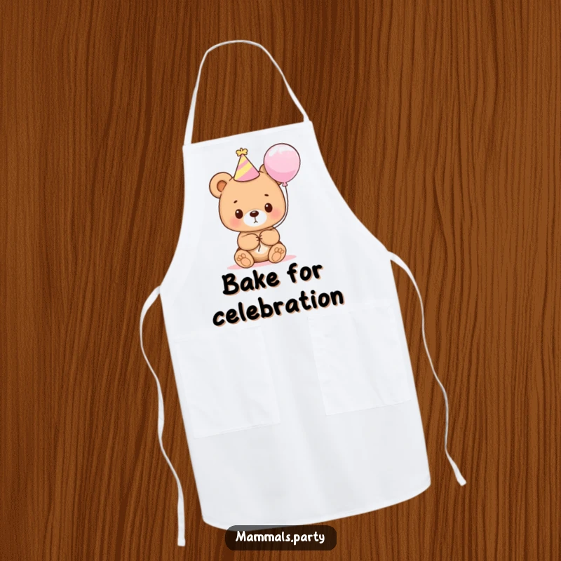Funny bear cub in a party hat holding a balloon, on a kitchen apron, ready for a fun cooking session.