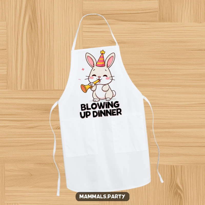 Funny bunny character in a party hat enthusiastically playing a tiny trumpet, featured on a practical apron, great for a funny gift.