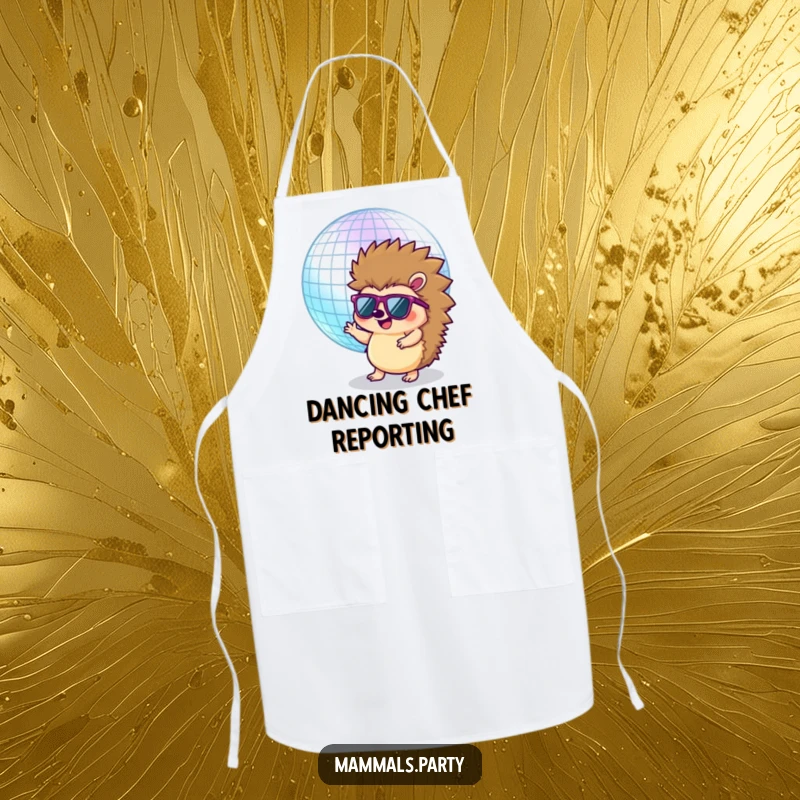 Funny Hedgehog Apron: A sunglasses-wearing hedgehog dances with a disco ball, adding a fun, retro vibe to kitchen duties.