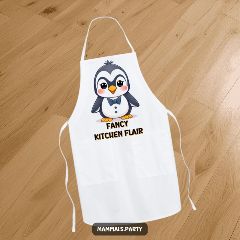 Funny penguin apron showing an energetic character wearing a tiny tuxedo, ideal for stylish and humorous cooking.