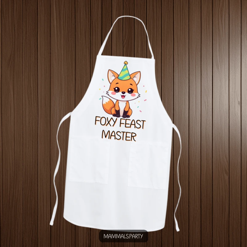 Funny apron showing a happy fox in a party hat with confetti, ready to serve up some delicious fun.