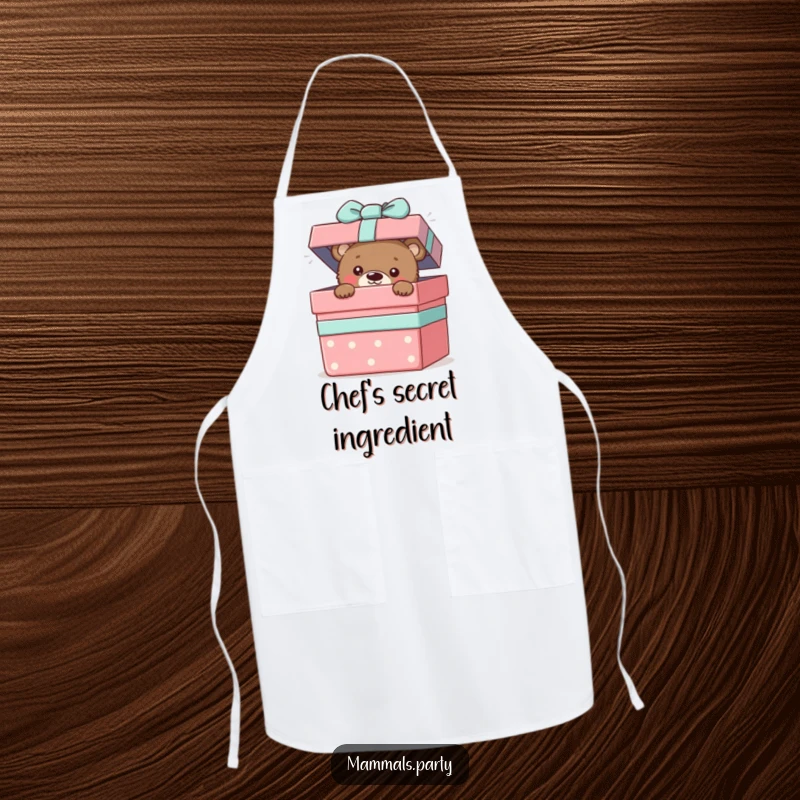 Funny apron featuring a bear cub peeking out from a gift box, ready for kitchen adventures.