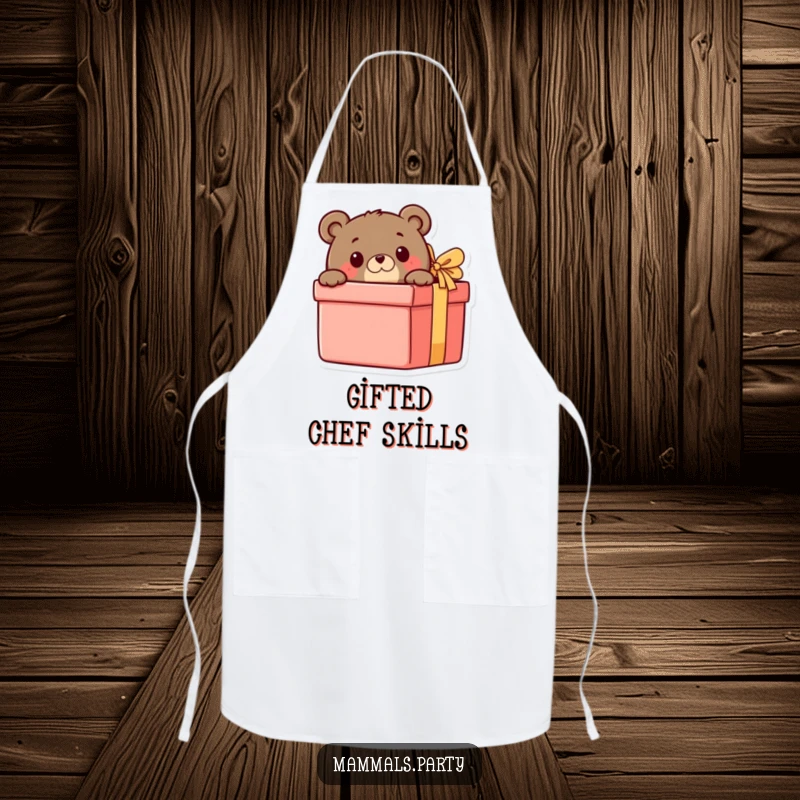 Funny Bear Apron: A curious bear peeks from behind a gift box, making this apron a fun and practical addition to any kitchen.
