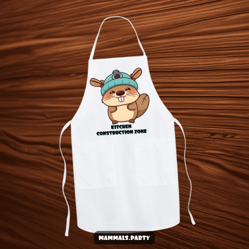 Funny beaver apron showing a joyous character wearing a propeller beanie, ideal for kitchen cheerfulness.