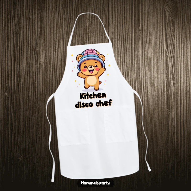Funny apron with a happy bear dancing energetically in a disco ball helmet, perfect for fun kitchen tasks.