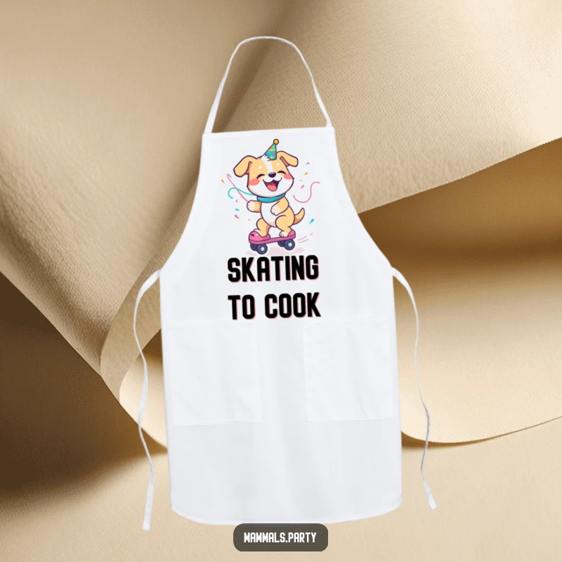 Funny Dog Apron featuring a delighted dog with a party streamer, enthusiastically riding a roller skate, making cooking a fun, fast-paced event.