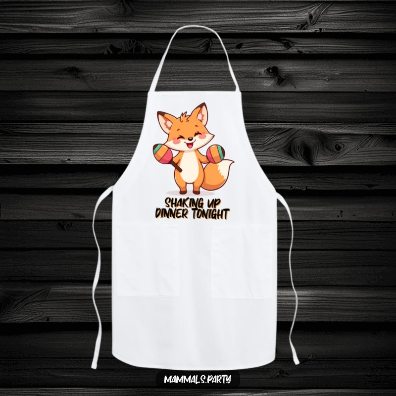 Funny apron showcasing a smiling fox character doing a silly dance with oversized maracas, perfect for adding humor to the kitchen.