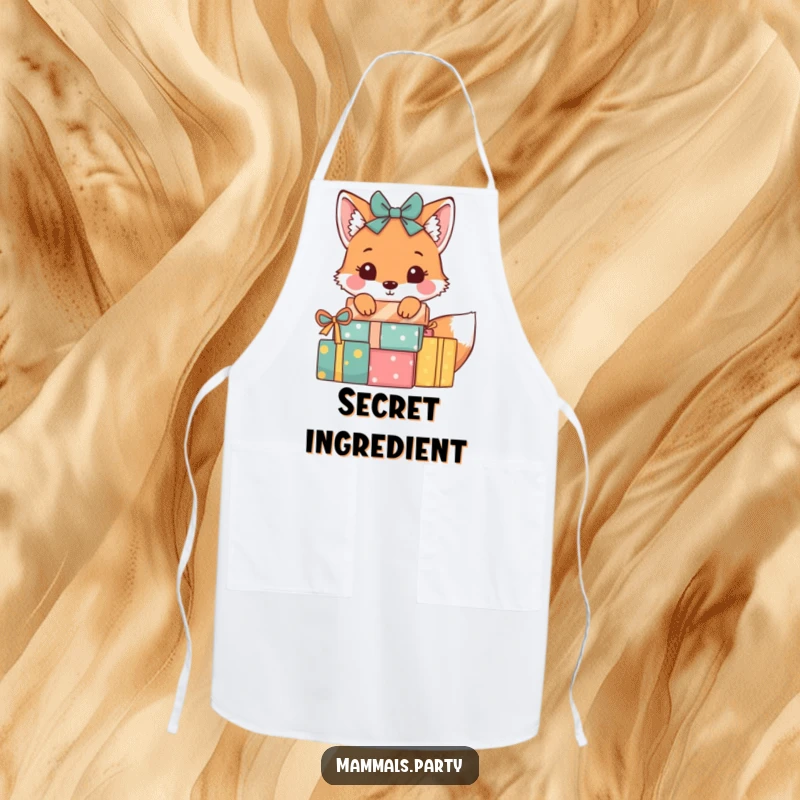 Funny Fox Apron: A playful fox peeks from behind wrapped presents, adding charming fun to kitchen duties.