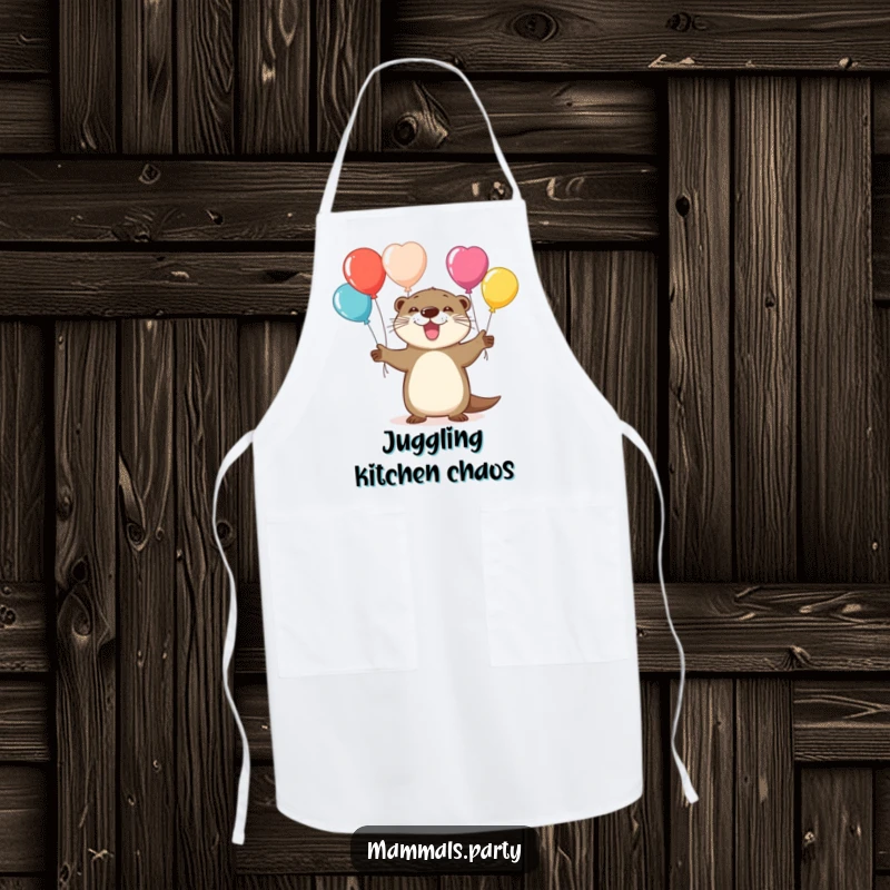 Funny apron showing a playful otter character juggling colorful balloons, ready to add some fun to the kitchen.