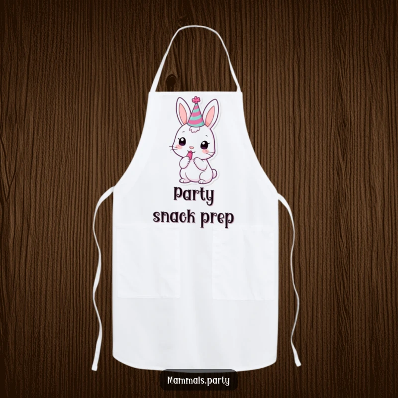 Funny kawaii bunny wearing a small party hat, trying to blow a noisemaker, on a functional apron.