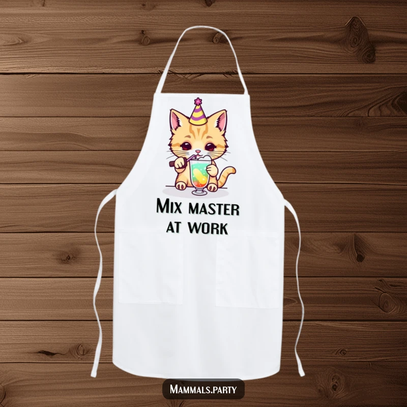 Funny kawaii cat in party hat mixing a colorful drink on an apron, perfect for humorous kitchen activities.