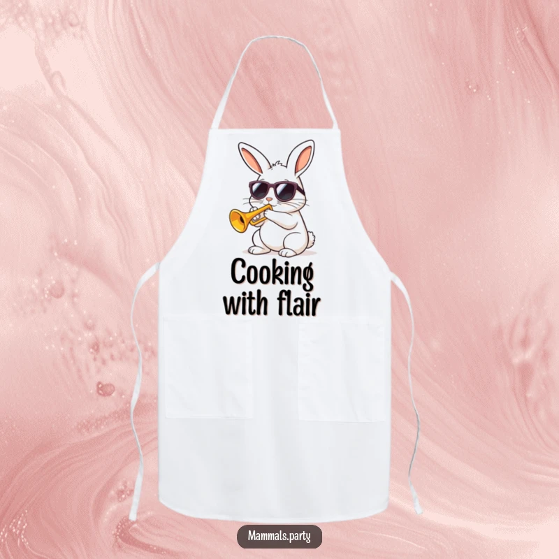 Funny kawaii rabbit in sunglasses playing a tiny trumpet with gusto on an apron, perfect for humorous kitchen performances.