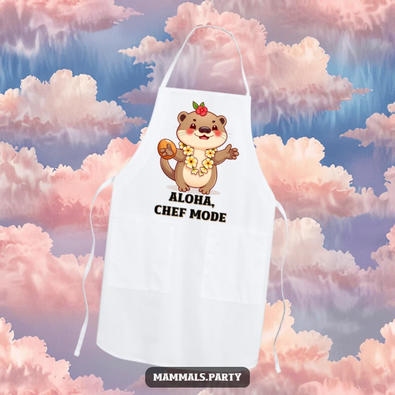 Funny apron featuring a playful otter wearing a lei and juggling coconuts, perfect for a cook who enjoys tropical themes.