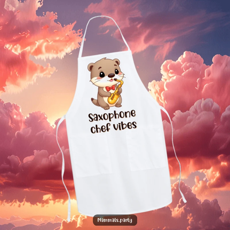 Funny Apron with a debonair otter in a bowtie playing a small saxophone, adding musical flair to kitchen duties.