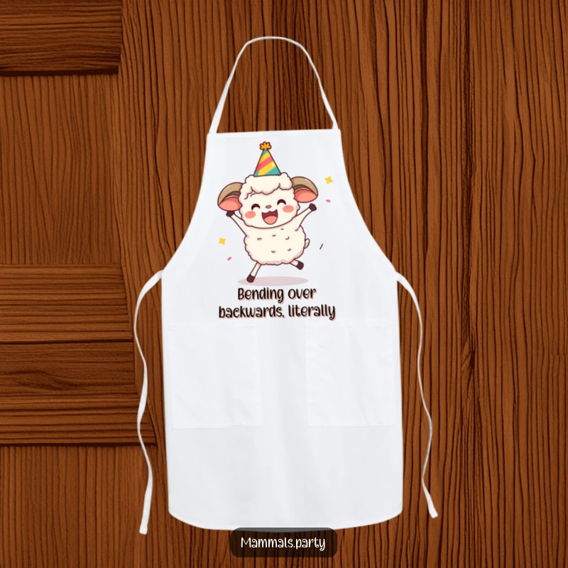 Funny sheep in a party hat limbo dancing in the kitchen, featured on a humorous apron for cooks.
