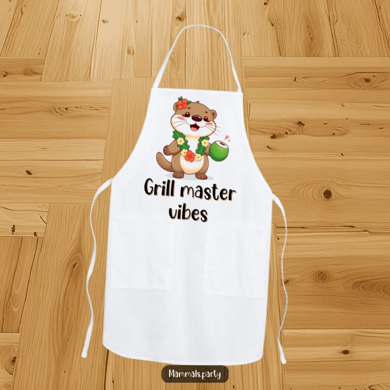 Funny otter wearing a lei, juggling coconuts, on a kitchen apron for a hilarious and tropical cooking experience.