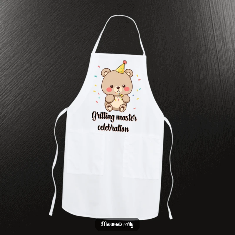 Funny bear apron featuring a cute character in a party hat, blowing confetti, perfect for adding party humor to cooking.