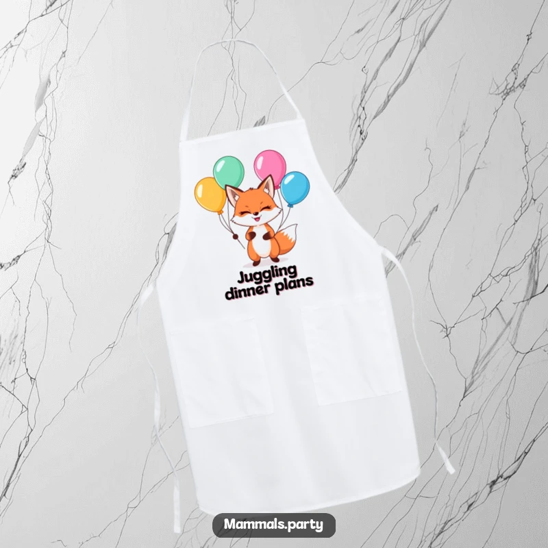 Funny kawaii fox with a sly grin, juggling colorful balloons, on a functional apron.