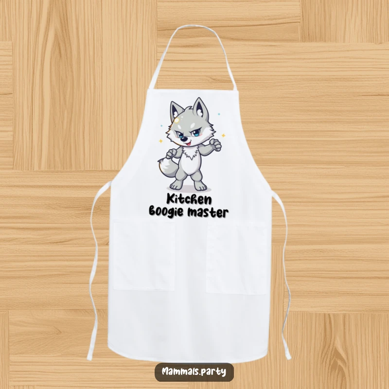 Funny wolf apron showing a determined character disco dancing with a shiny ball, ideal for kitchen entertainment.