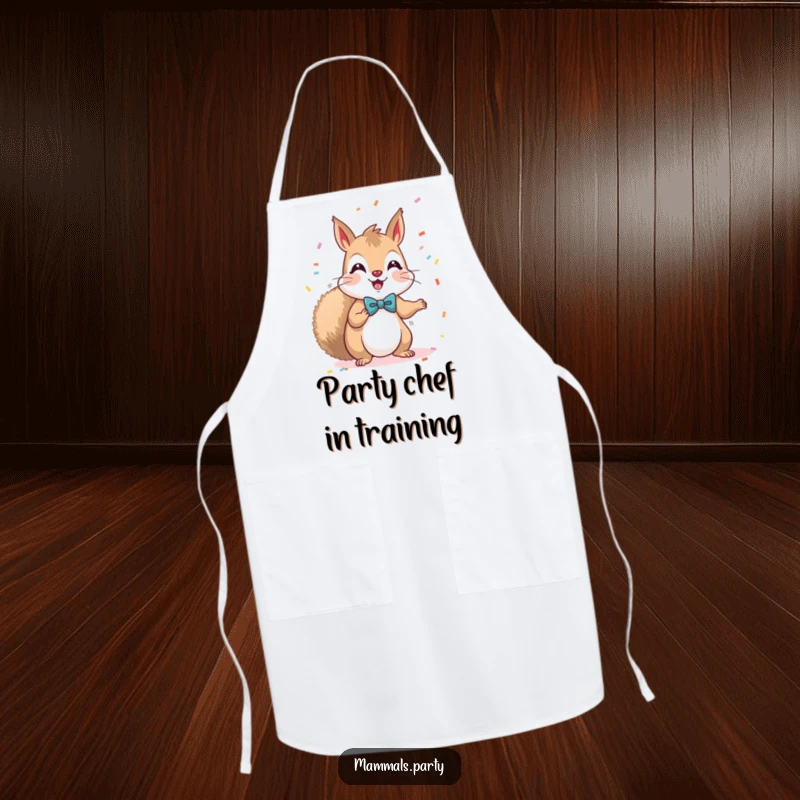 Funny Kawaii Squirrel in a bow tie, happily throwing confetti, a charming apron for culinary fun and kitchen festivities.