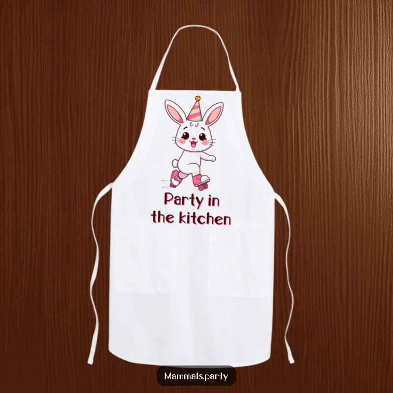 Funny Bunny Apron: A festive bunny wearing a party hat skates energetically on roller skates, making this apron a fun kitchen essential.