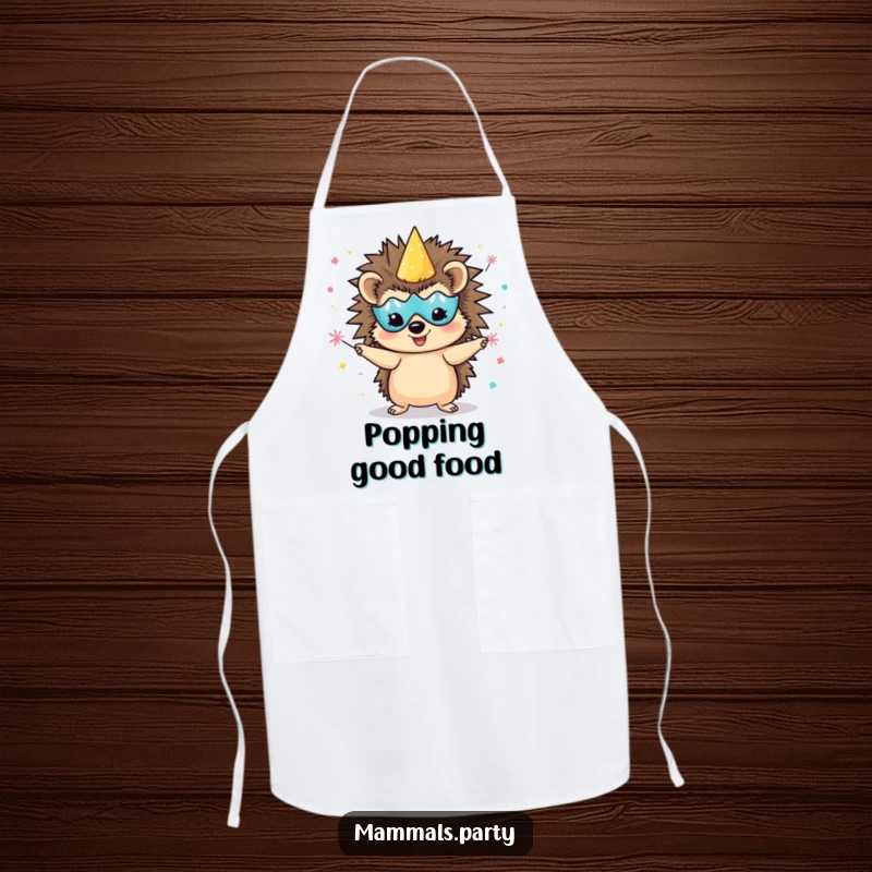 Funny delighted hedgehog apron, wearing a party mask and juggling confetti poppers, ready for festive culinary creations.