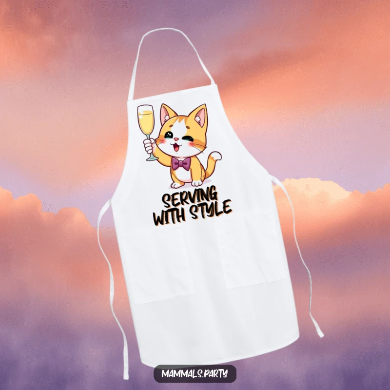 Funny Cat Apron featuring a curious cat in a bow tie, excitedly raising a champagne glass, making kitchen time a sophisticated celebration.