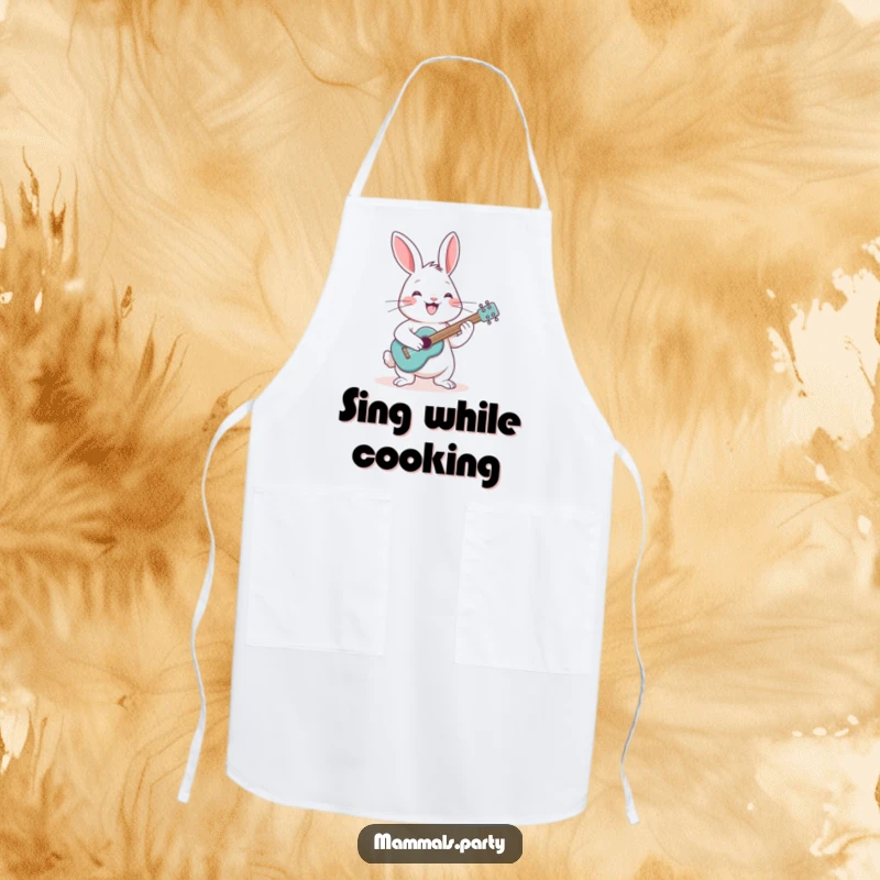 Funny rabbit with a grin, strumming a tiny guitar, on a kitchen apron for a humorous and musical cooking experience.