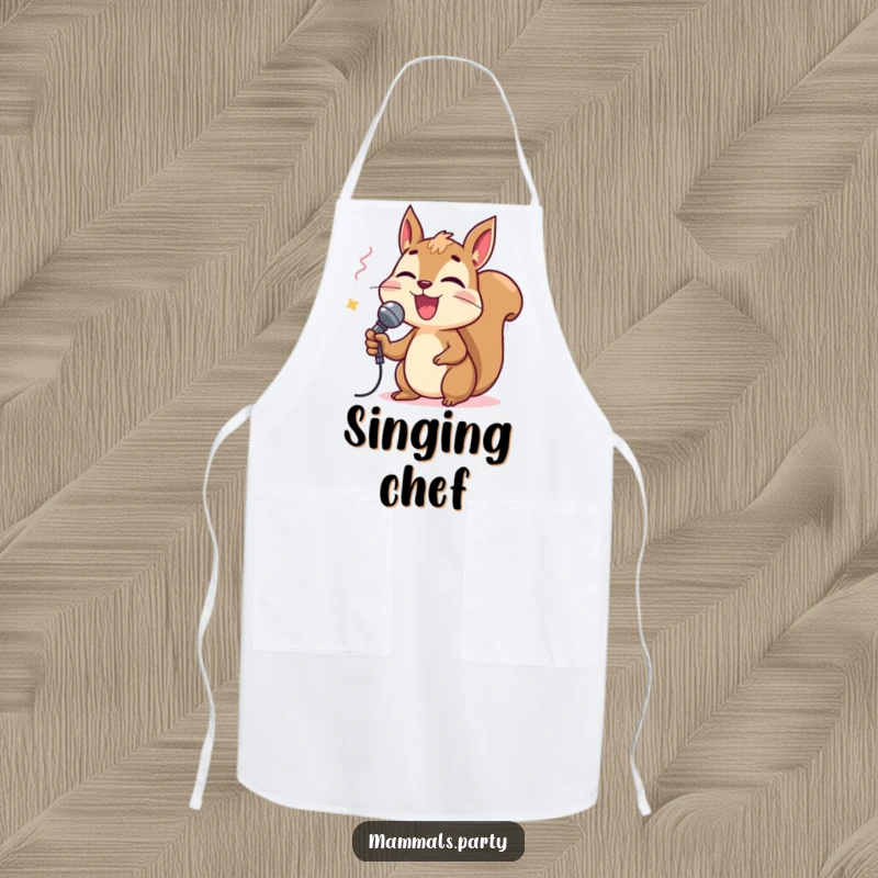 Funny squirrel character with a tiny microphone singing karaoke, featured on a kitchen apron, perfect for a funny gift.