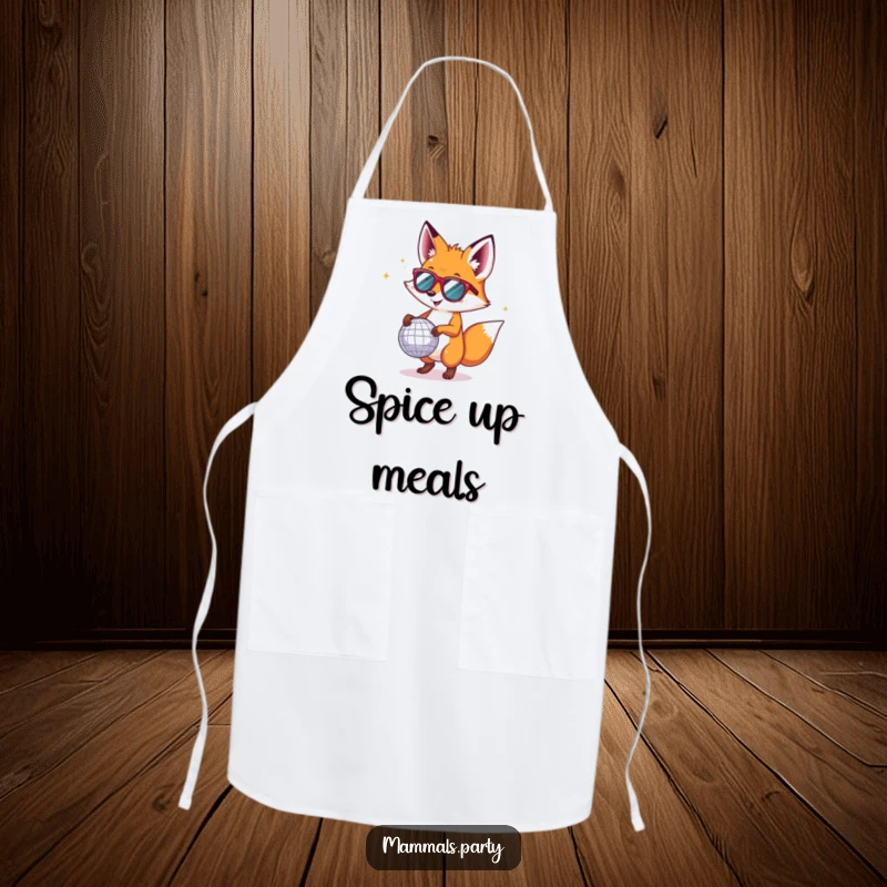 Funny fox in tiny sunglasses, dancing with a disco ball, on a kitchen apron for a humorous cooking experience.