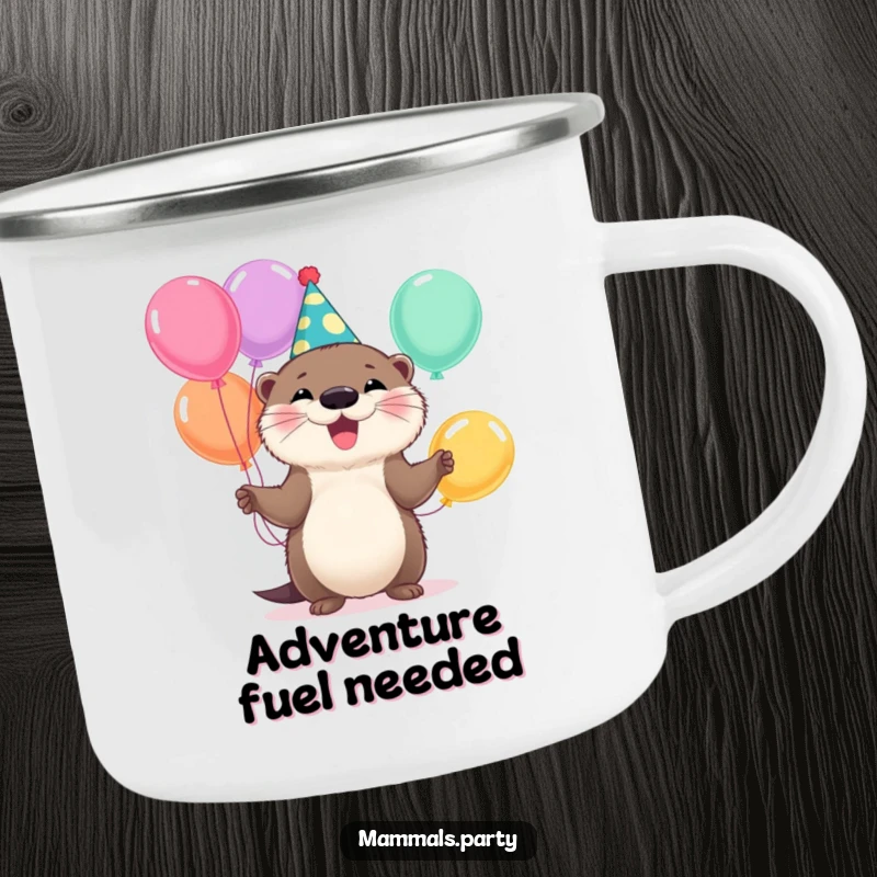 Funny Otter Camping Mug: A resilient otter in a party hat juggles balloons, perfect for outdoor drinks and celebrations.