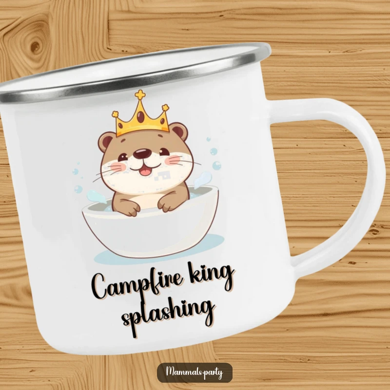 Funny Kawaii Otter in a crown, joyfully bathing in bubbles, a camping mug for relaxing moments outdoors.