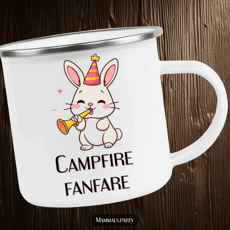 Funny bunny wearing a party hat blowing a tiny trumpet on a durable camping mug, ready for outdoor adventures and humor.