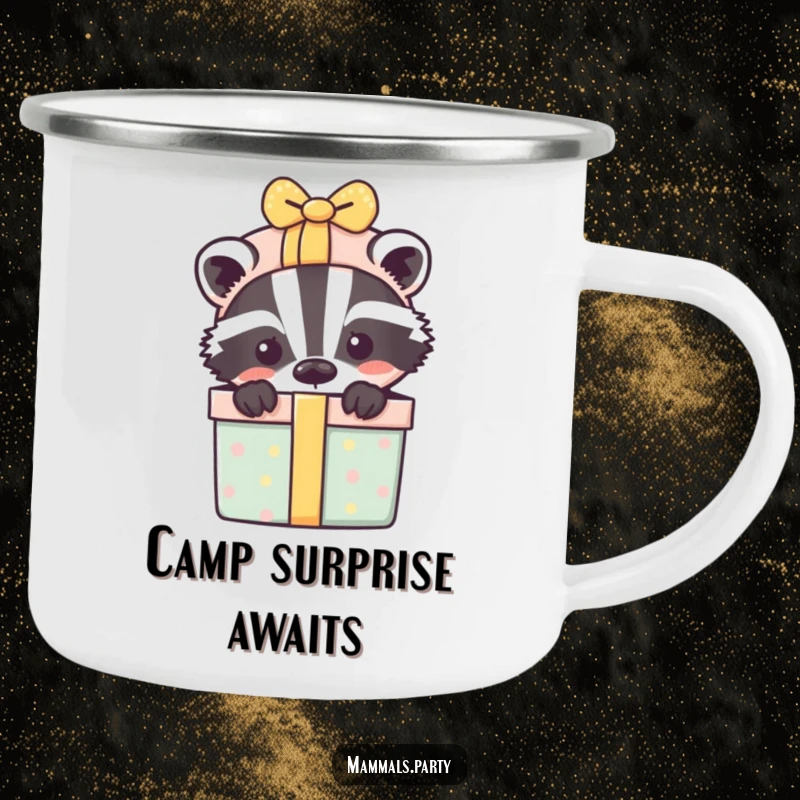 Funny camping mug featuring a playful badger peeking from behind a gift box, perfect for outdoor fun.