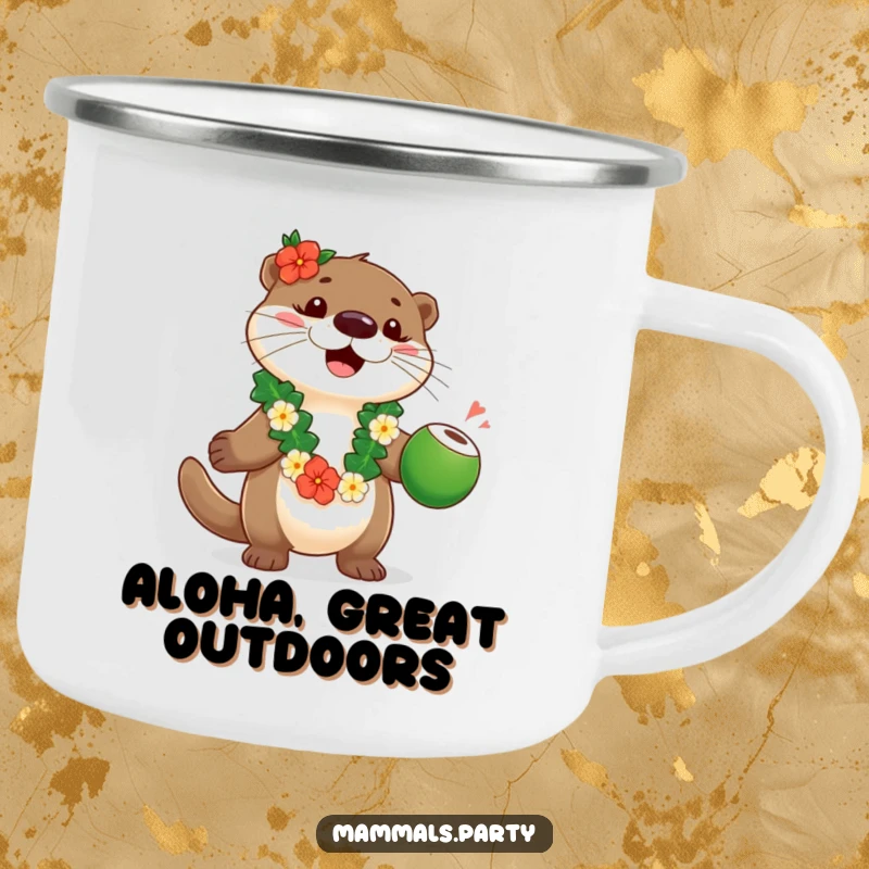 Funny otter wearing a lei, juggling coconuts, on a durable camping mug for hilarious outdoor tropical enjoyment.