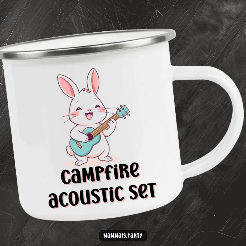 Funny rabbit with a grin, strumming a tiny guitar, on a durable camping mug for hilarious outdoor enjoyment.