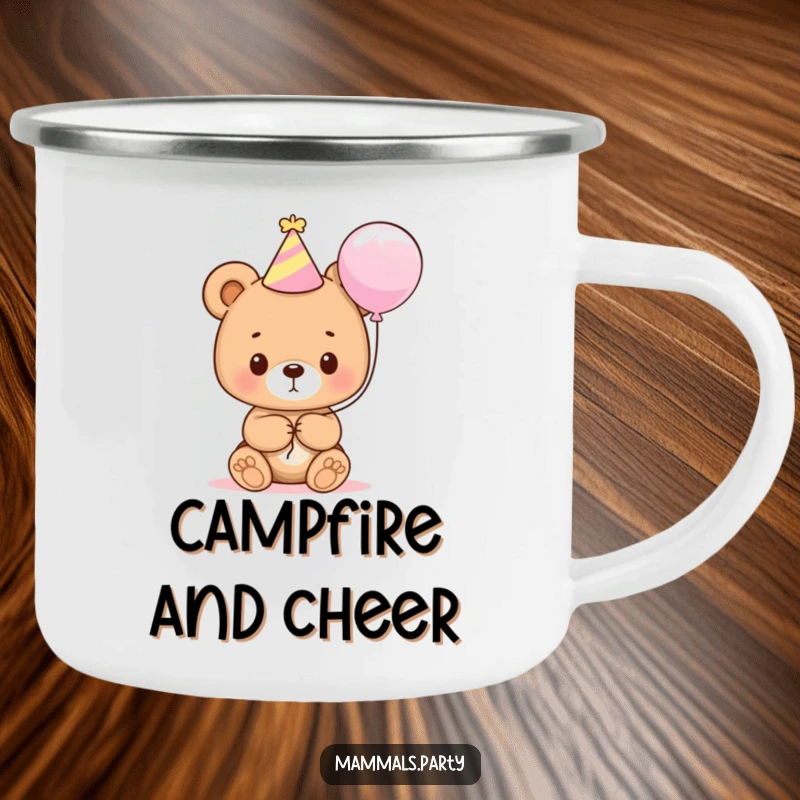 Funny bear cub in a party hat holding a balloon, on a durable camping mug for hilarious outdoor enjoyment.