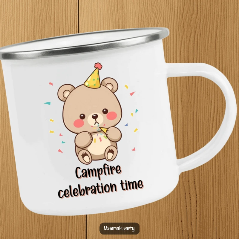 Funny bear camping mug showcasing a cute character in a party hat, blowing confetti, built for rugged adventures and humor.