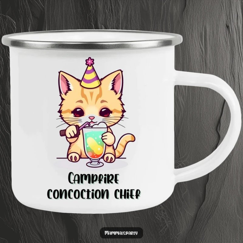 Funny kawaii cat in party hat mixing a colorful drink on a durable camping mug, ideal for humorous outdoor enjoyment.