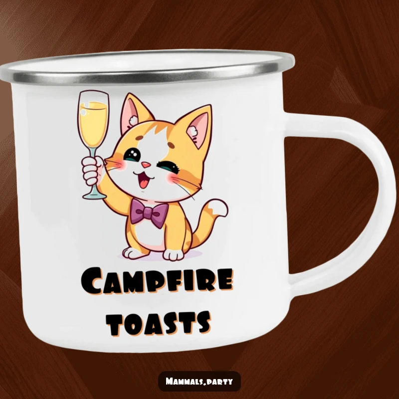 Funny Cat Camping Mug: A curious cat in a bow tie, excitedly raising a champagne glass, ready for any sophisticated outing.