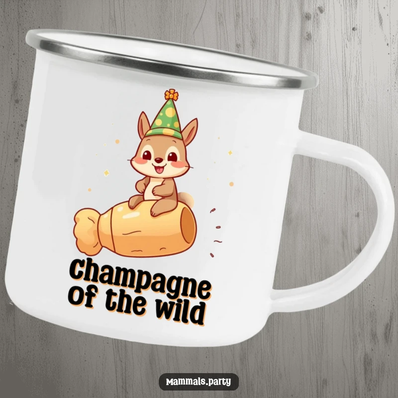 Funny gleeful squirrel camping mug, wearing a festive hat and riding a champagne cork, ready for outdoor celebrations.
