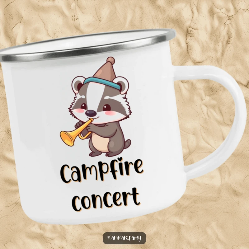 Funny camping mug showing a badger in a silly hat playing a trumpet, perfect for outdoor jam sessions.