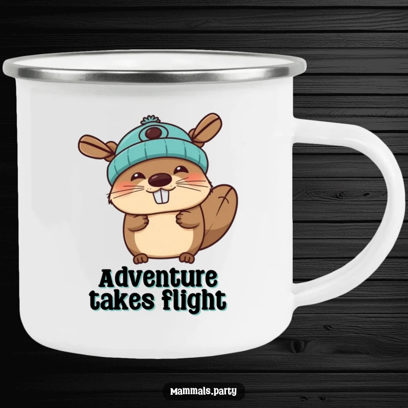 Funny beaver camping mug featuring a joyous character wearing a propeller beanie, perfect for cheerful outdoor moments.