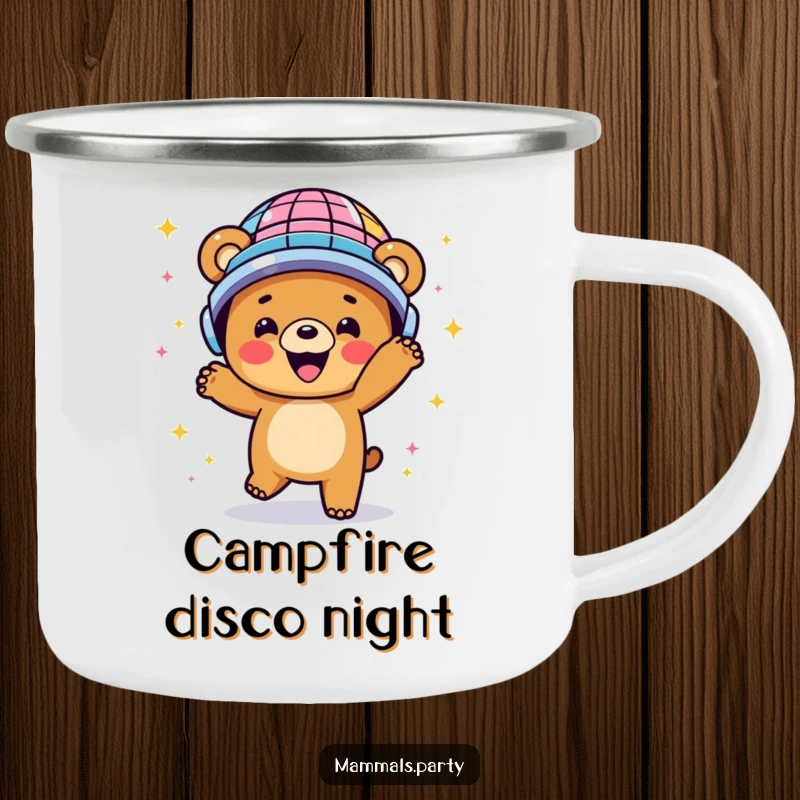 Funny camping mug with a happy bear dancing energetically in a disco ball helmet, perfect for outdoor fun.