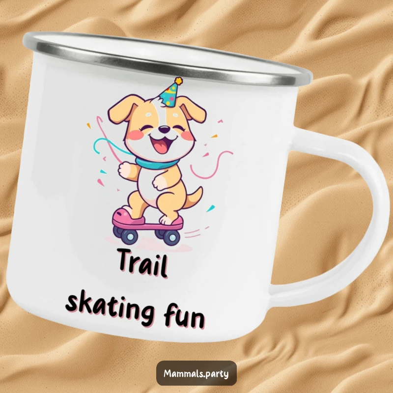 Funny Dog Camping Mug: A delighted dog with a party streamer, enthusiastically riding a roller skate, ready for any outdoor escapade.