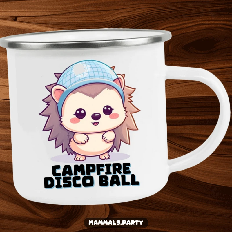Funny Hedgehog Camping Mug: A kawaii hedgehog wearing a tiny disco ball helmet, ready for adventures and campfire stories.