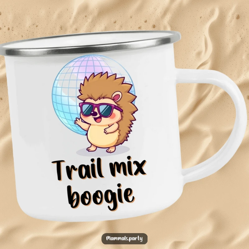 Funny Hedgehog Camping Mug: A cool hedgehog in sunglasses dances with a disco ball, ready for outdoor music and drinks.