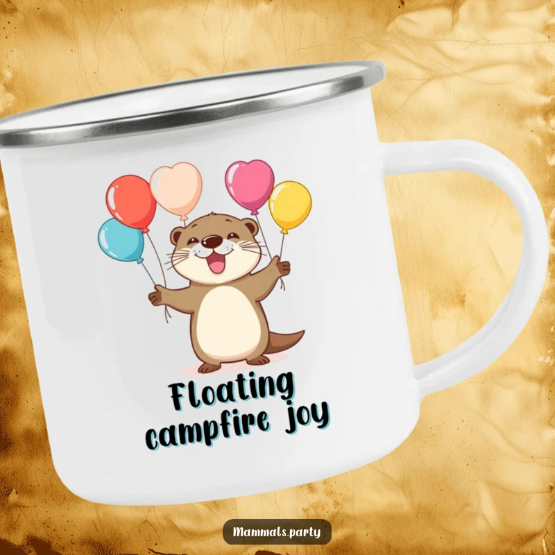 Funny camping mug with a playful otter juggling colorful balloons, ready to add some cheer to any outdoor setting.