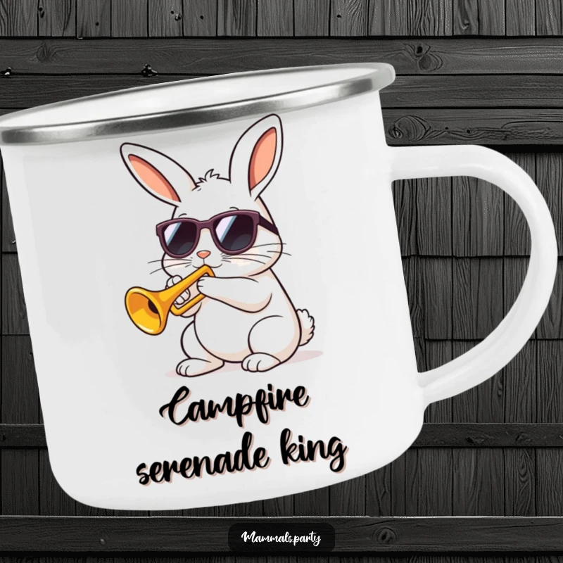 Funny kawaii rabbit wearing sunglasses playing a tiny trumpet with gusto on a durable camping mug for humorous outdoor enjoyment.