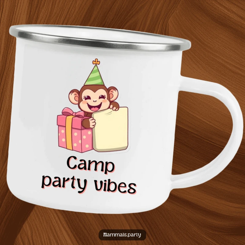 Funny Monkey Camping Mug: A happy monkey in a party hat, eagerly unwrapping a giant present, ready for any celebration.